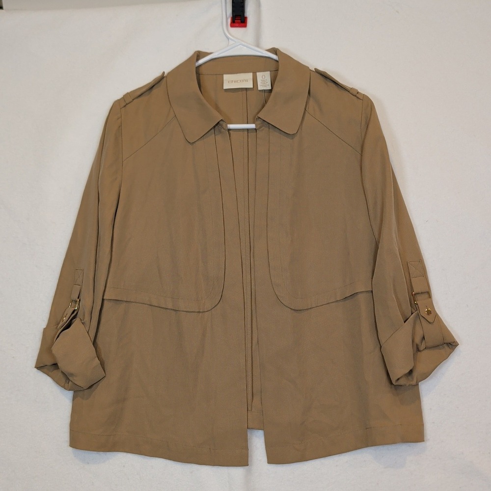Chicos Easy Chic LS Jacket Toasted Nut Brown Lyocell Roll Tab Sleeve Size 0 NEW